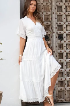 Peony Maxi Dress - Lace Detailed A Line Dress with Flute Sleeves in White><noscript><img width=