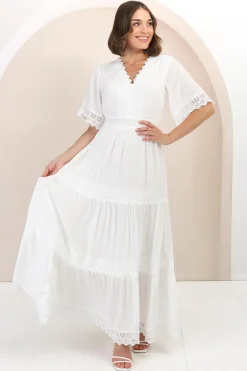 Peony Maxi Dress - Lace Detailed A Line Dress with Flute Sleeves in White><noscript><img width=