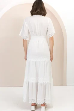 Peony Maxi Dress - Lace Detailed A Line Dress with Flute Sleeves in White><noscript><img width=