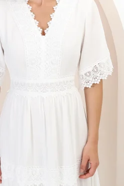 Peony Maxi Dress - Lace Detailed A Line Dress with Flute Sleeves in White><noscript><img width=