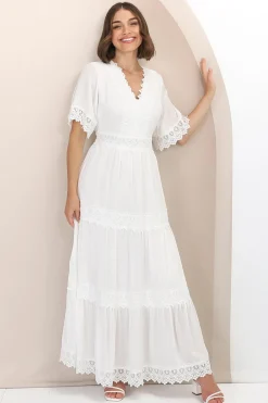 Peony Maxi Dress - Lace Detailed A Line Dress with Flute Sleeves in White><noscript><img width=
