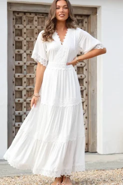 Peony Maxi Dress - Lace Detailed A Line Dress with Flute Sleeves in White><noscript><img width=