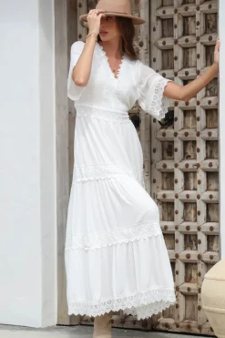 Peony Maxi Dress - Lace Detailed A Line Dress with Flute Sleeves in White><noscript><img width=