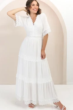 Peony Maxi Dress - Lace Detailed A Line Dress with Flute Sleeves in White><noscript><img width=