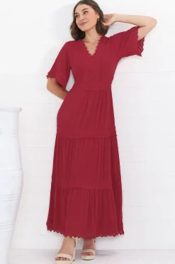 Peony Maxi Dress - Lace Detailed A Line Dress with Flute Sleeves in Red>Salty Crush New