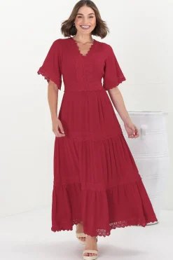 Peony Maxi Dress - Lace Detailed A Line Dress with Flute Sleeves in Red><noscript><img width=
