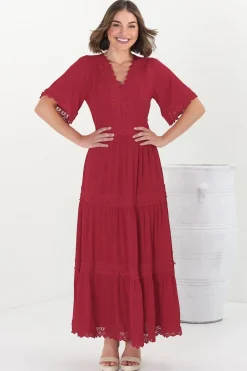 Peony Maxi Dress - Lace Detailed A Line Dress with Flute Sleeves in Red><noscript><img width=