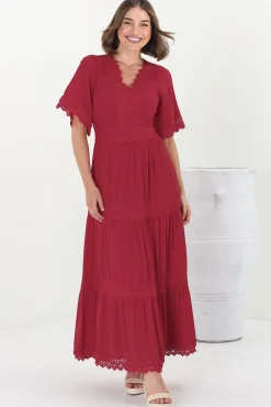 Peony Maxi Dress - Lace Detailed A Line Dress with Flute Sleeves in Red><noscript><img width=