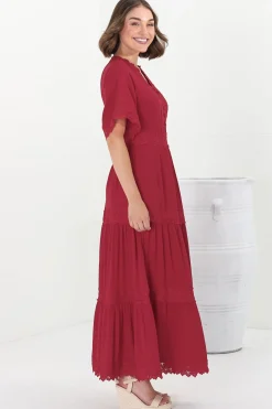 Peony Maxi Dress - Lace Detailed A Line Dress with Flute Sleeves in Red><noscript><img width=