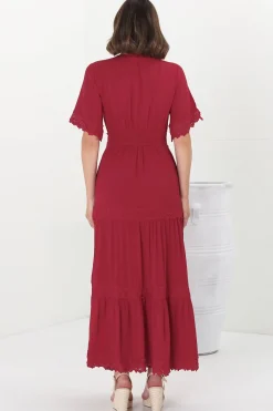 Peony Maxi Dress - Lace Detailed A Line Dress with Flute Sleeves in Red><noscript><img width=