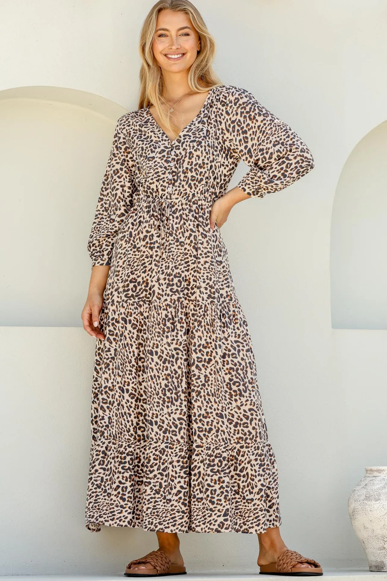 Perrie Maxi Dress - V Neck 3/4 Sleeve Dress with Pull Tie Waist in Leopard Print>Salty Crush Best
