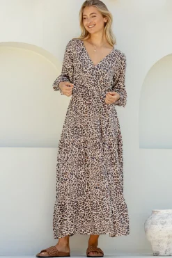 Perrie Maxi Dress - V Neck 3/4 Sleeve Dress with Pull Tie Waist in Leopard Print>Salty Crush Best