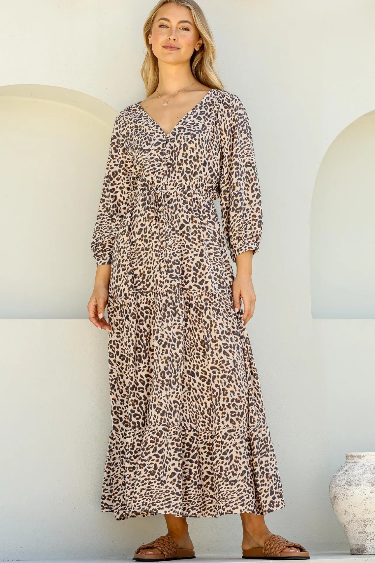 Perrie Maxi Dress - V Neck 3/4 Sleeve Dress with Pull Tie Waist in Leopard Print>Salty Crush Best