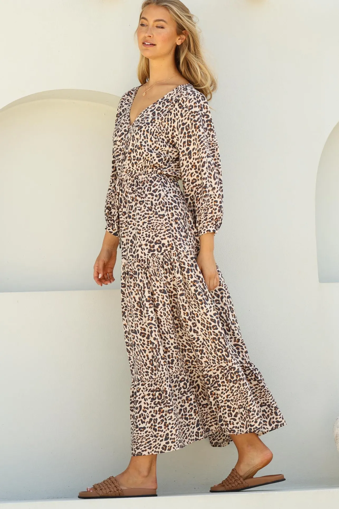 Perrie Maxi Dress - V Neck 3/4 Sleeve Dress with Pull Tie Waist in Leopard Print>Salty Crush Best