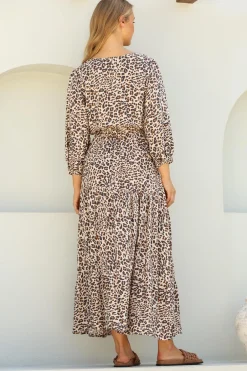 Perrie Maxi Dress - V Neck 3/4 Sleeve Dress with Pull Tie Waist in Leopard Print><noscript><img width=