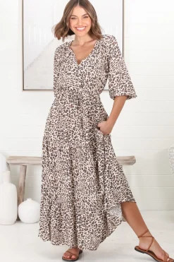 Perrie Maxi Dress - V Neck 3/4 Sleeve Dress with Pull Tie Waist in Leopard Print><noscript><img width=