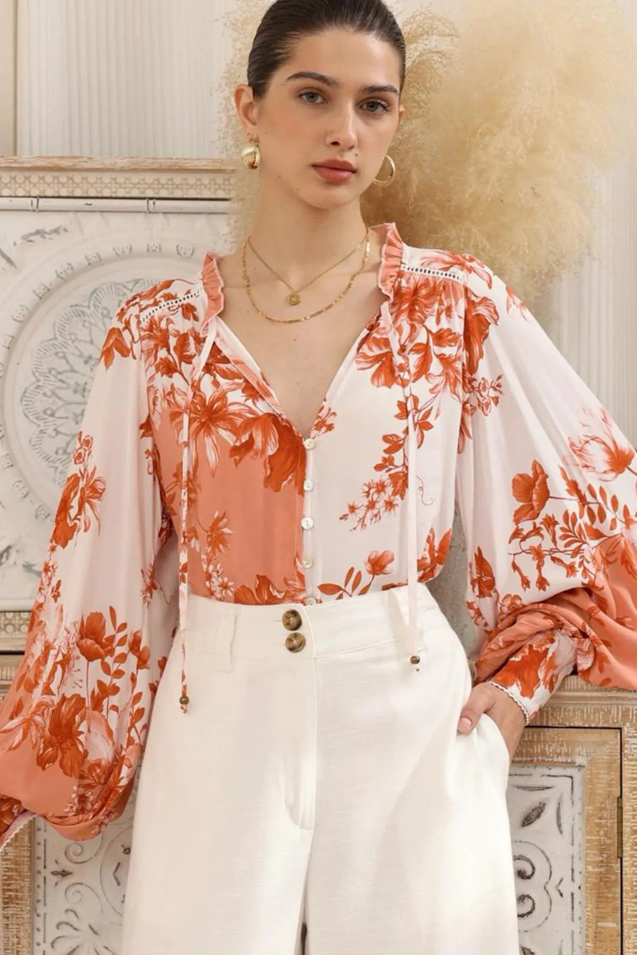 Perrio Blouse - Frill Collar Button Down Balloon Sleeve Shirt in Eryn Print>Salty Crush Discount