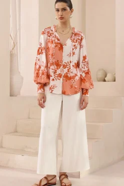 Perrio Blouse - Frill Collar Button Down Balloon Sleeve Shirt in Eryn Print>Salty Crush Discount