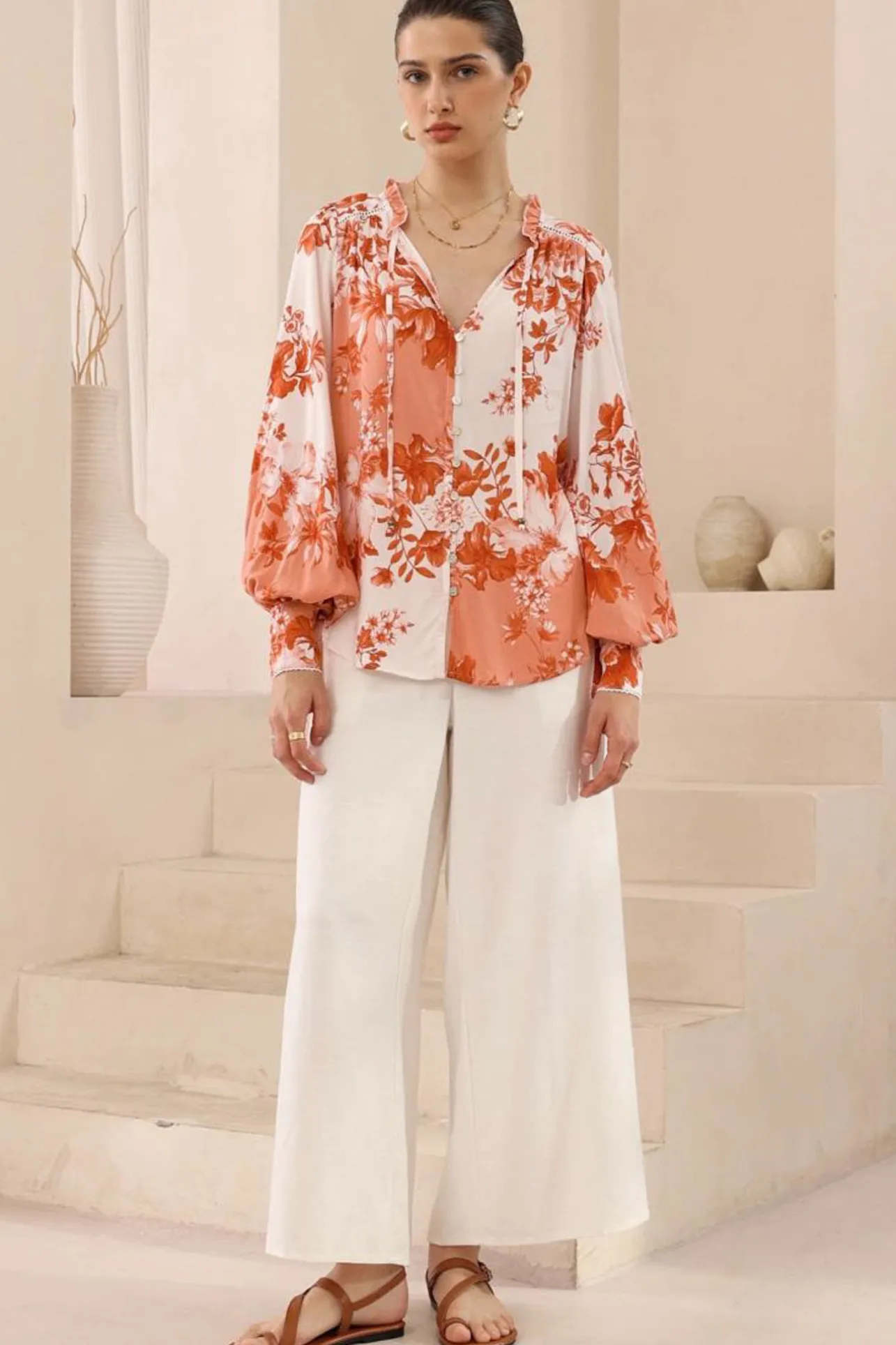 Perrio Blouse - Frill Collar Button Down Balloon Sleeve Shirt in Eryn Print>Salty Crush Discount