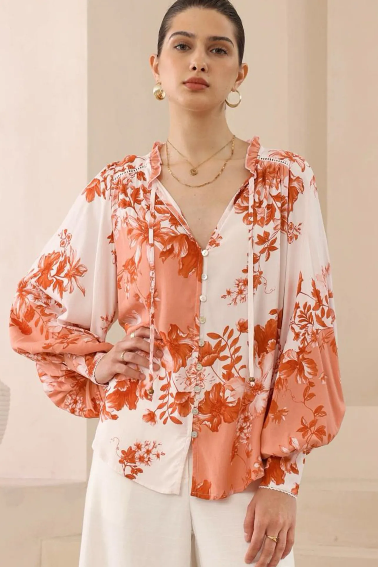 Perrio Blouse - Frill Collar Button Down Balloon Sleeve Shirt in Eryn Print>Salty Crush Discount