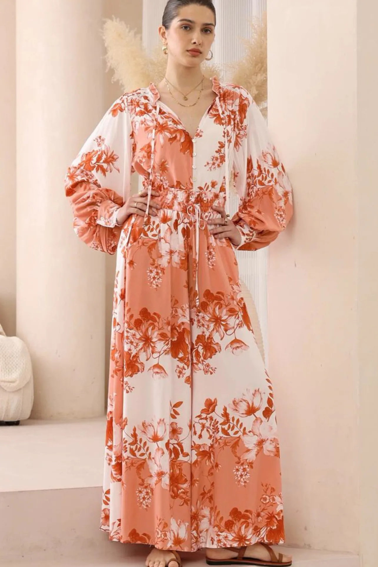 Perrio Blouse - Frill Collar Button Down Balloon Sleeve Shirt in Eryn Print>Salty Crush Discount