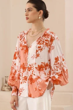 Perrio Blouse - Frill Collar Button Down Balloon Sleeve Shirt in Eryn Print><noscript><img width=