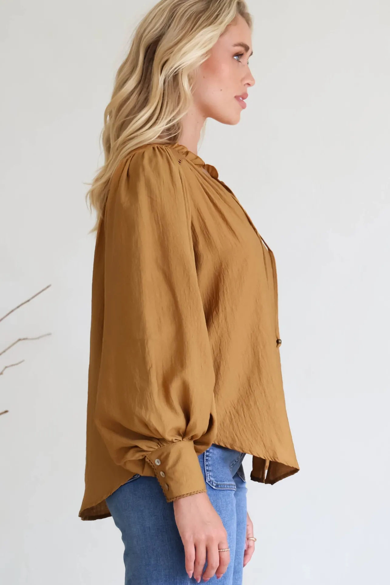Perrio Blouse - Frill Collar Button Down Balloon Sleeve Shirt in Tan>Salty Crush Outlet