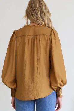 Perrio Blouse - Frill Collar Button Down Balloon Sleeve Shirt in Tan><noscript><img width=