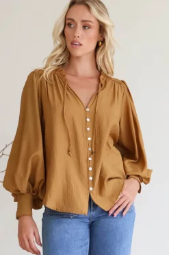 Perrio Blouse - Frill Collar Button Down Balloon Sleeve Shirt in Tan><noscript><img width=