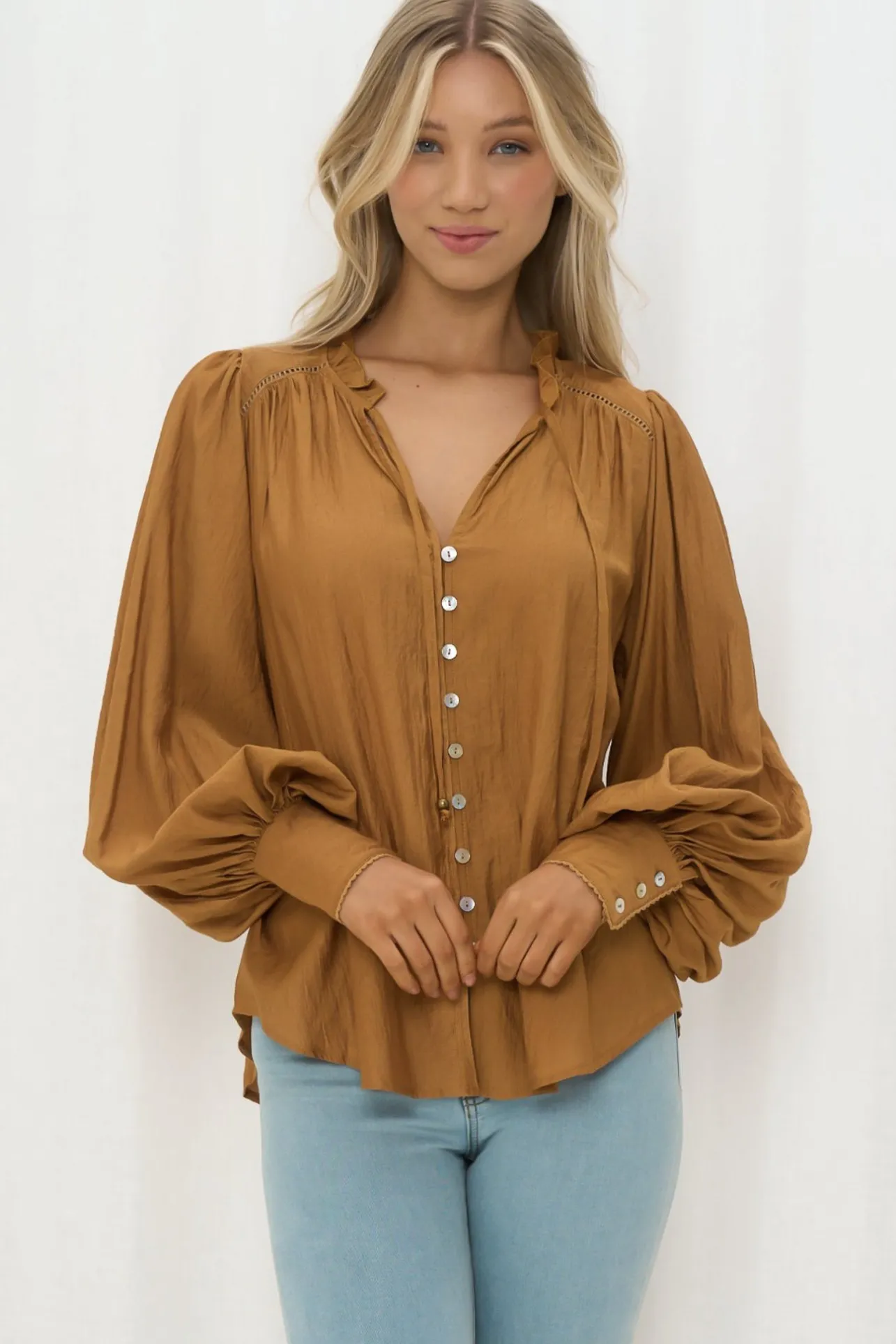 Perrio Blouse - Frill Collar Button Down Balloon Sleeve Shirt in Tan>Salty Crush Outlet