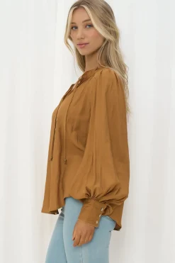 Perrio Blouse - Frill Collar Button Down Balloon Sleeve Shirt in Tan><noscript><img width=