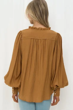 Perrio Blouse - Frill Collar Button Down Balloon Sleeve Shirt in Tan><noscript><img width=
