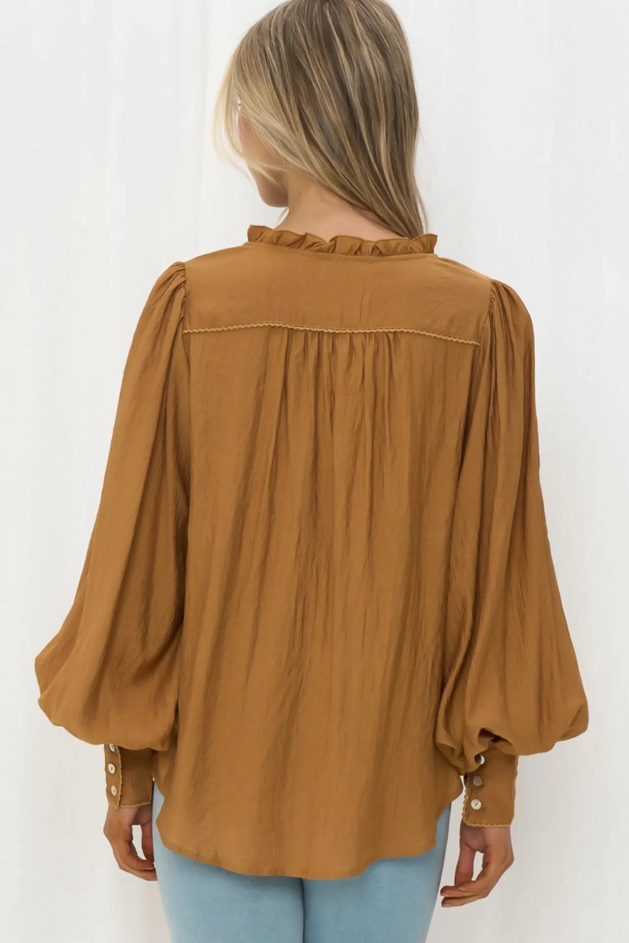 Perrio Blouse - Frill Collar Button Down Balloon Sleeve Shirt in Tan>Salty Crush Outlet