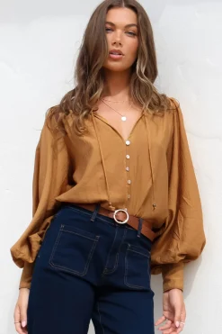 Perrio Blouse - Frill Collar Button Down Balloon Sleeve Shirt in Tan><noscript><img width=
