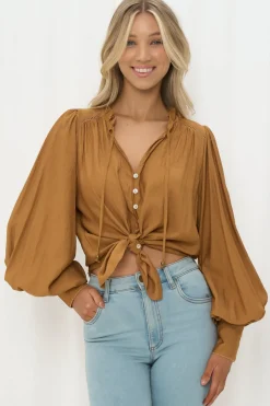 Perrio Blouse - Frill Collar Button Down Balloon Sleeve Shirt in Tan><noscript><img width=