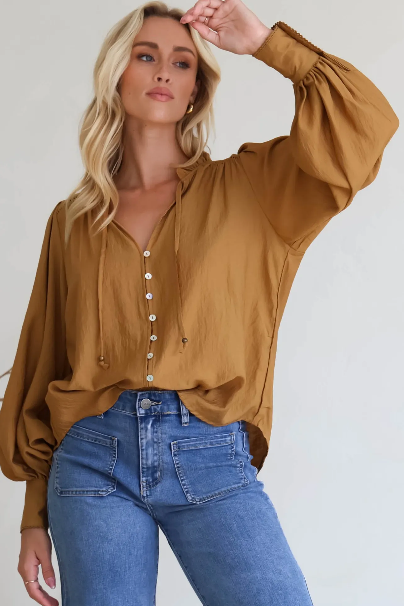Perrio Blouse - Frill Collar Button Down Balloon Sleeve Shirt in Tan>Salty Crush Outlet