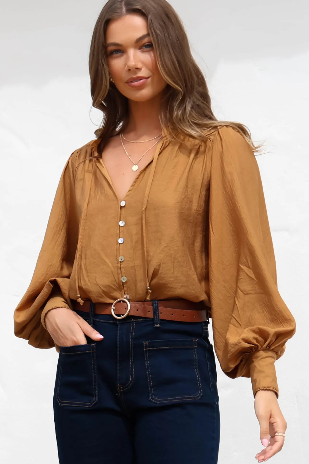 Perrio Blouse - Frill Collar Button Down Balloon Sleeve Shirt in Tan>Salty Crush Outlet