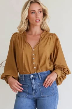 Perrio Blouse - Frill Collar Button Down Balloon Sleeve Shirt in Tan><noscript><img width=