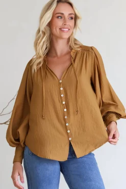 Perrio Blouse - Frill Collar Button Down Balloon Sleeve Shirt in Tan><noscript><img width=