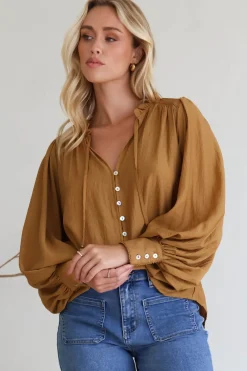 Perrio Blouse - Frill Collar Button Down Balloon Sleeve Shirt in Tan><noscript><img width=