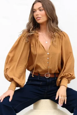 Perrio Blouse - Frill Collar Button Down Balloon Sleeve Shirt in Tan><noscript><img width=