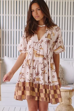 Petal Mini Dress - Tiered Smock Dress in Tuscan Sands Print>Jaase