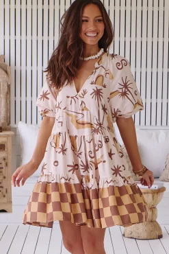 Petal Mini Dress - Tiered Smock Dress in Tuscan Sands Print><noscript><img width=
