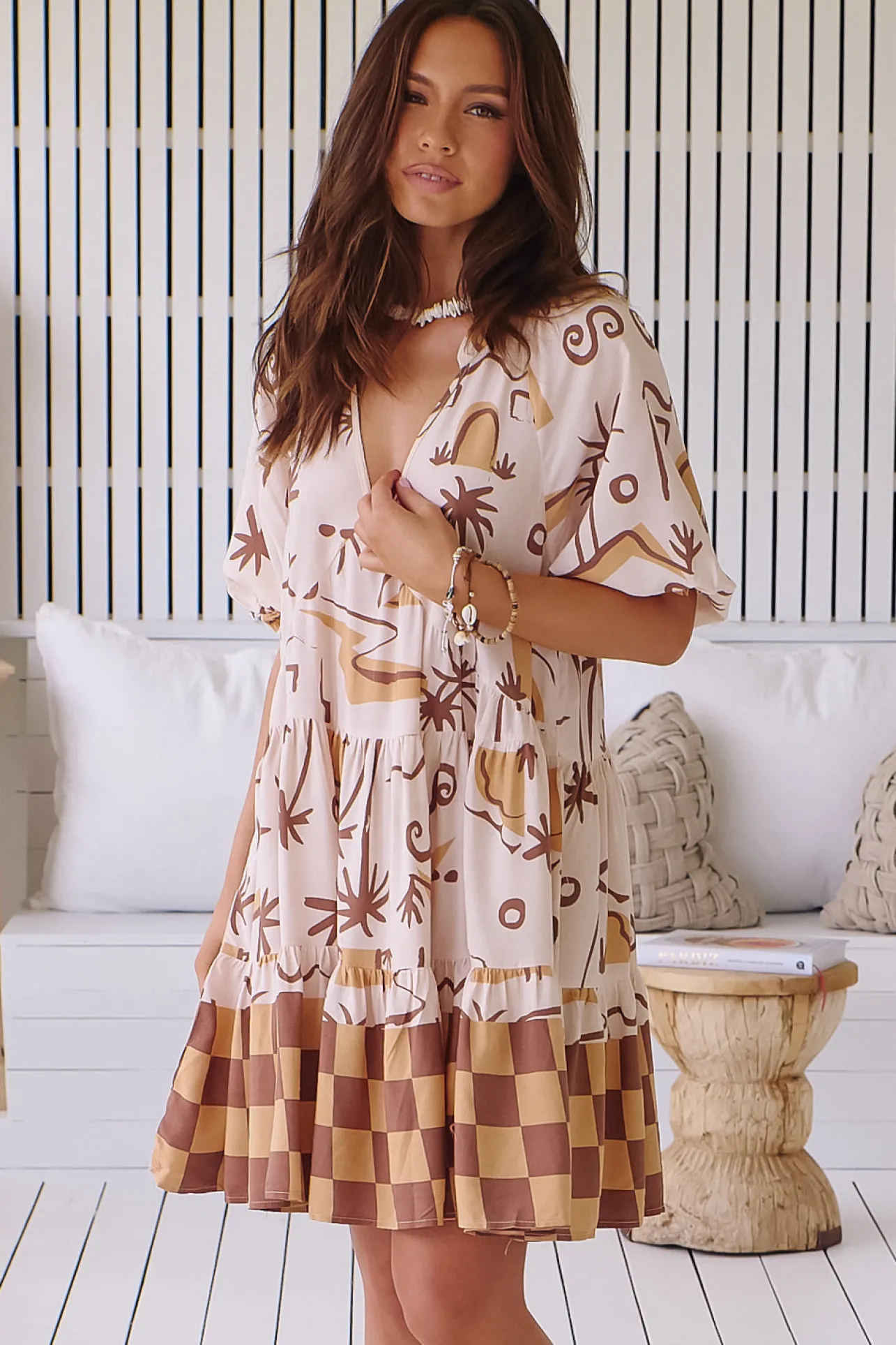 Petal Mini Dress - Tiered Smock Dress in Tuscan Sands Print>Jaase