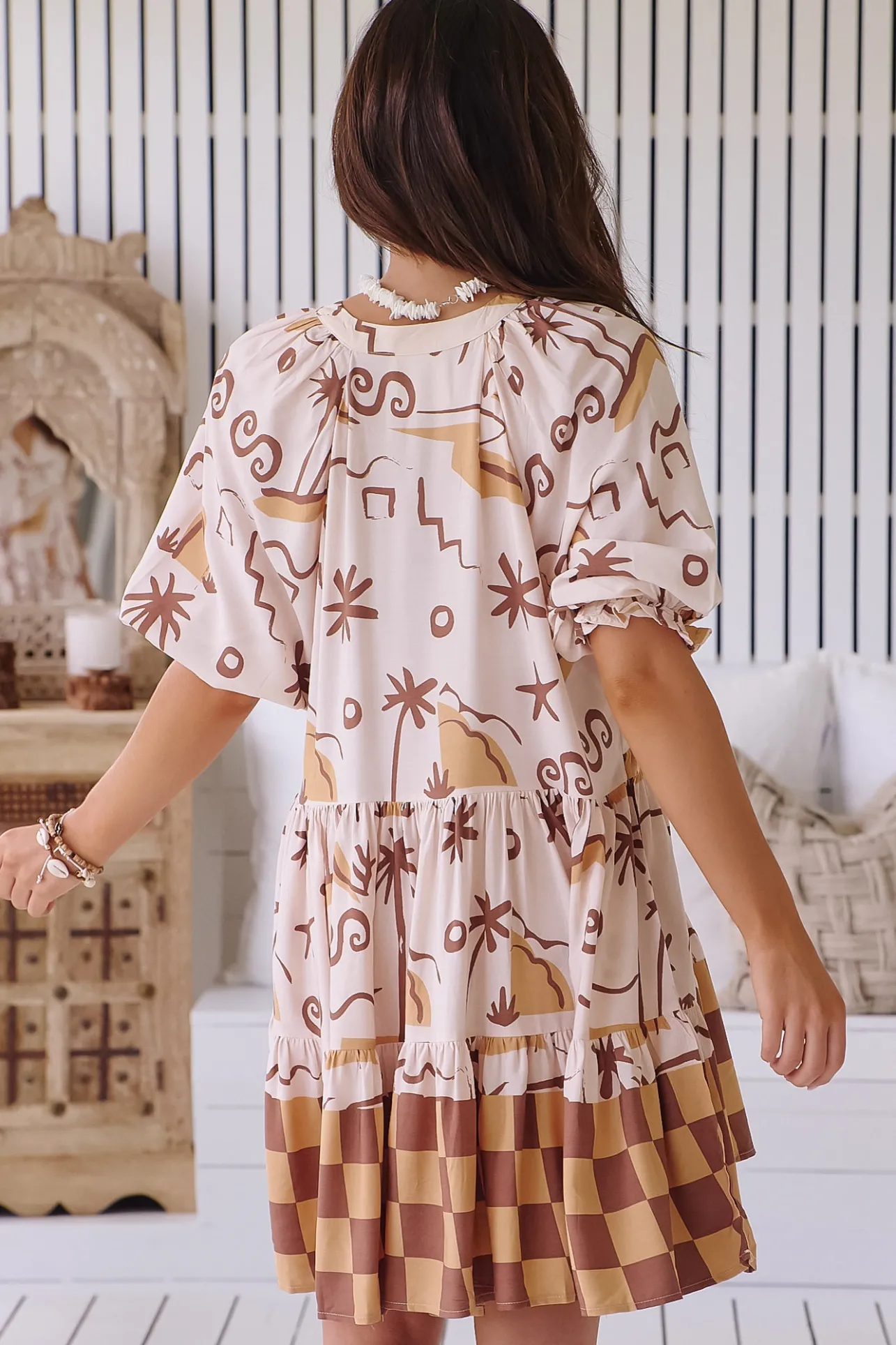 Petal Mini Dress - Tiered Smock Dress in Tuscan Sands Print>Jaase