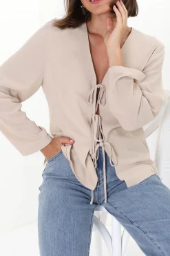 Peyton Top - Linen Tie Down Front Long Sleeve Lined Top in Beige>Salty Crush Sale