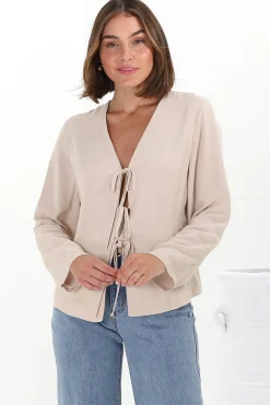 Peyton Top - Linen Tie Down Front Long Sleeve Lined Top in Beige><noscript><img width=