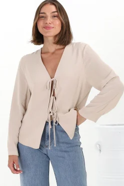 Peyton Top - Linen Tie Down Front Long Sleeve Lined Top in Beige><noscript><img width=