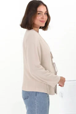 Peyton Top - Linen Tie Down Front Long Sleeve Lined Top in Beige><noscript><img width=