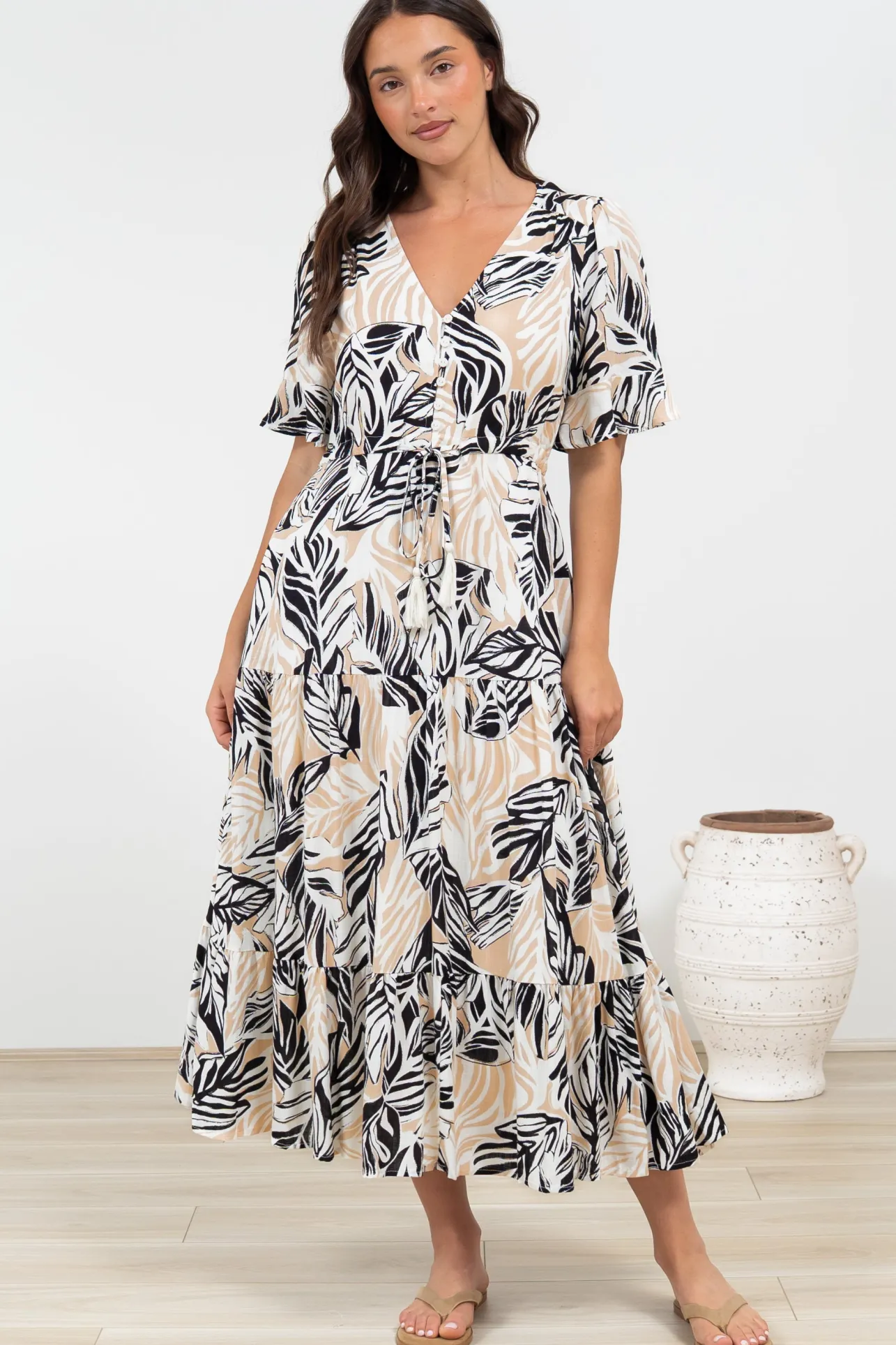 Phinny Maxi Dress - V-Neck Tiered Dress with Pull Tie Waist in Chicago Print>Salty Crush Outlet